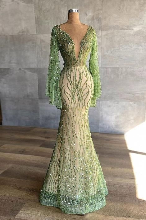 Green Beaded Tulle Mermaid Deep V Neck Long Flare Sleeve Illusion Floor Length Formal Evening Prom Dress