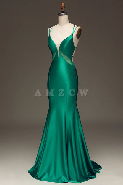 Amzcw Green Deep V-neck Satin Mermaid Prom Dress with Lace-up Back prom dresses shops gowns evening dresses
