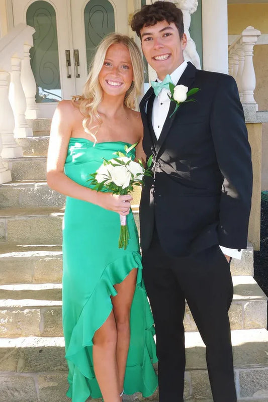 Vestido de fiesta formal de satén con abertura lateral, volantes y sin tirantes verde Amzcw