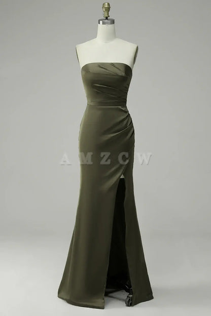 Amzcw Green Strapless Satin Mermaid Prom Dress with Slit gowns evening dresses prom dresses shops