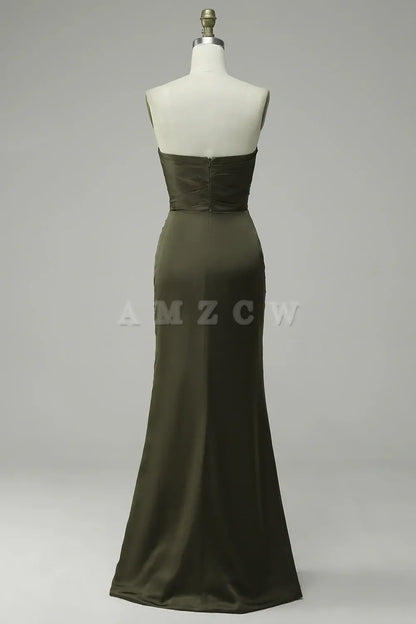 Amzcw Green Strapless Satin Mermaid Prom Dress with Slit gowns evening dresses prom dresses shops