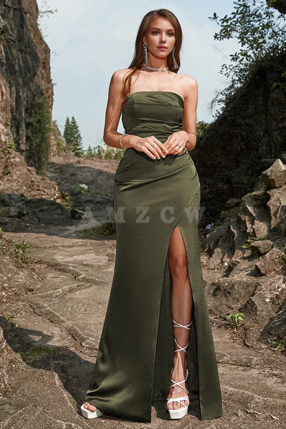Amzcw Green Strapless Satin Mermaid Prom Dress with Slit gowns evening dresses prom dresses shops