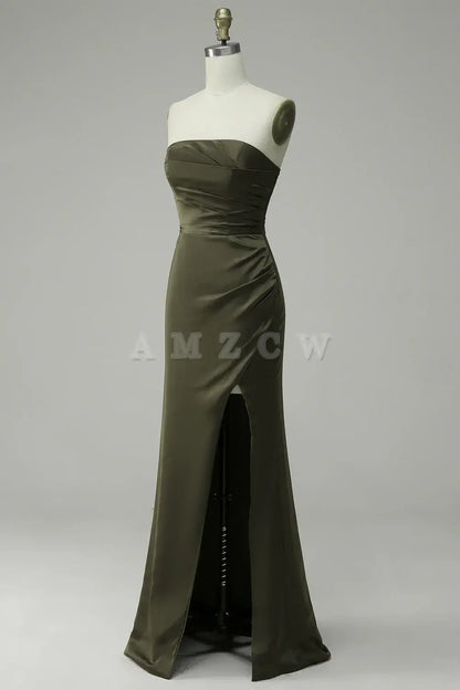 Amzcw Green Strapless Satin Mermaid Prom Dress with Slit gowns evening dresses prom dresses shops