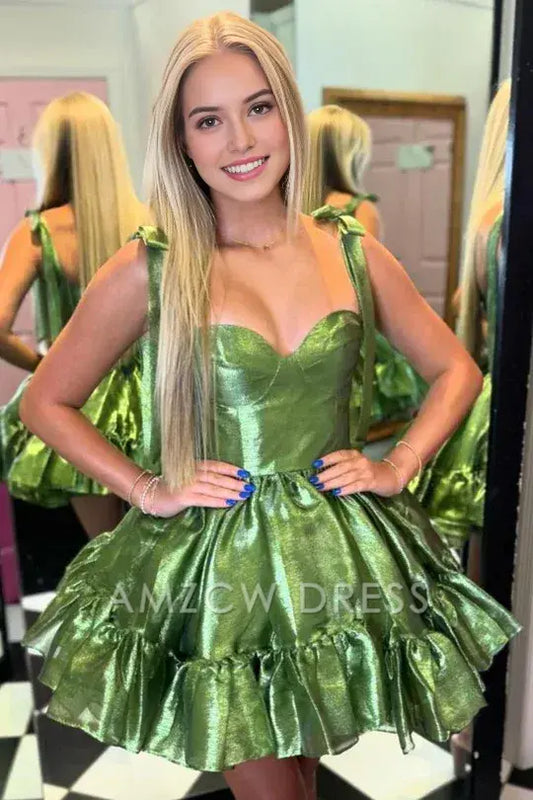 Amzcw Elegant Green Straps A-line Satin Ruffle Mini Homecoming Dress formal wear dresses