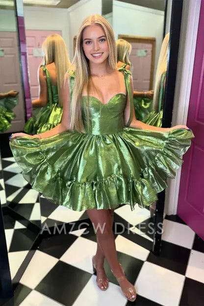 Amzcw Elegant Green Straps A-line Satin Ruffle Mini Homecoming Dress formal wear dresses