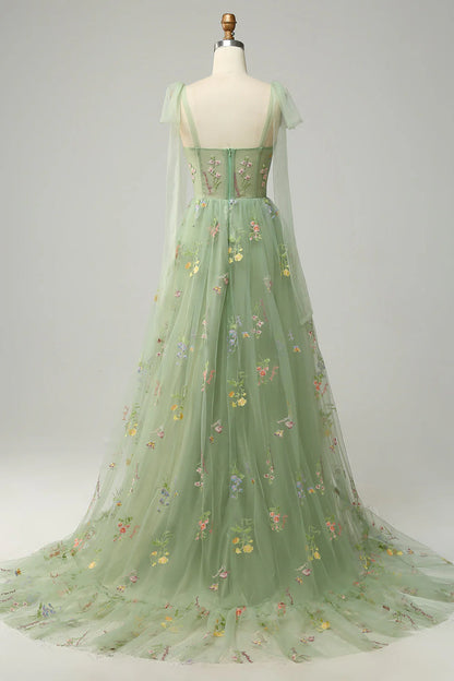 Amzcw Green A Line Spaghetti Straps Corset Long Prom Dress with Embroidery
