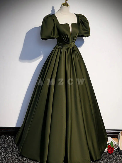 Vestido de fiesta largo de satén verde de Amzcw, corte A, vestido de fiesta formal verde, tiendas de vestidos de fiesta 