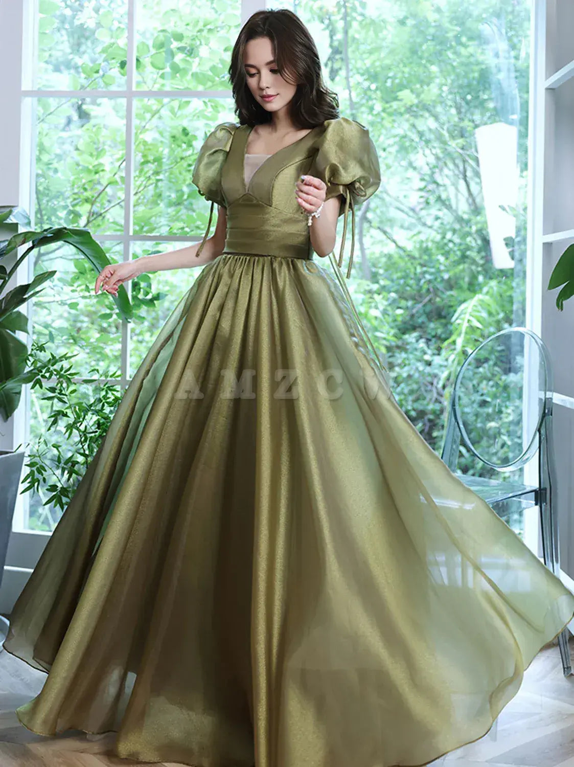 Vestido largo de fiesta de tul verde Amzcw, vestido largo de noche de tul verde, vestidos formales 