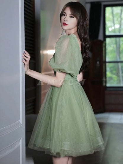 Vestido de fiesta corto de tul verde Amzcw, vestido de fiesta de tul verde, vestidos formales 