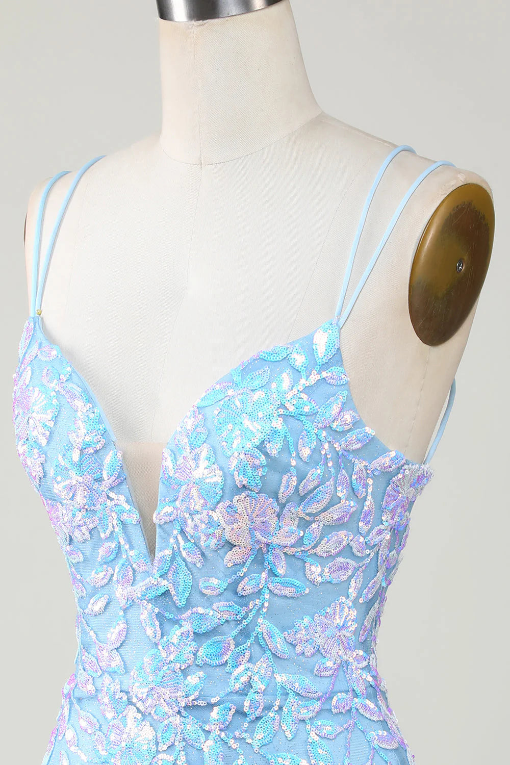 Amzcw Blue Sheath Spaghetti Straps Short Homecoming Dress With Aqqliques