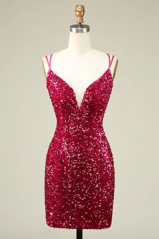 Amzcw Stylish Fuchsia Spaghetti Straps Tight Homecoming Dress with Sequins