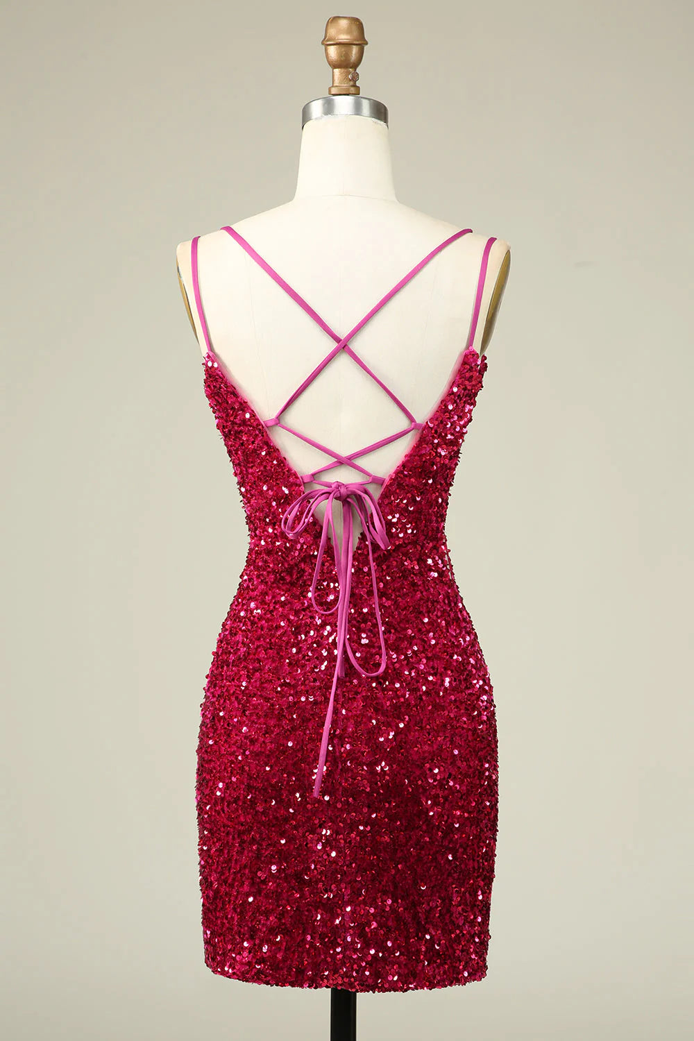 Amzcw Stylish Fuchsia Spaghetti Straps Tight Homecoming Dress with Sequins