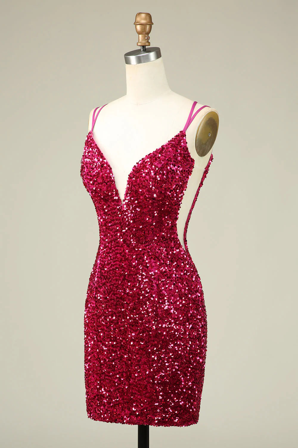 Amzcw Stylish Fuchsia Spaghetti Straps Tight Homecoming Dress with Sequins