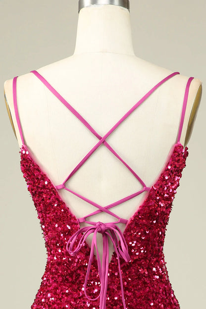 Amzcw Stylish Fuchsia Spaghetti Straps Tight Homecoming Dress with Sequins