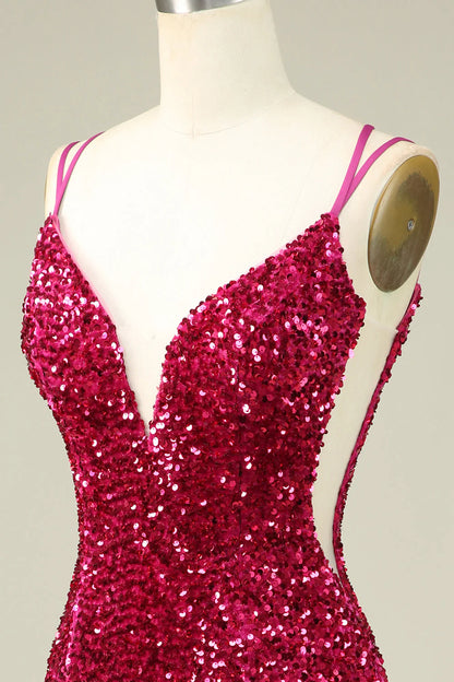 Amzcw Stylish Fuchsia Spaghetti Straps Tight Homecoming Dress with Sequins
