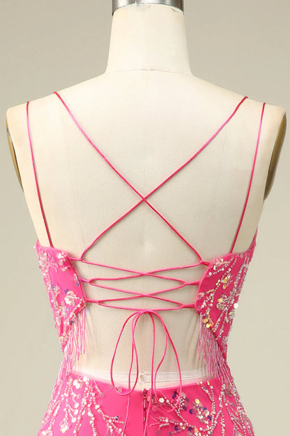 Amzcw Elegant Fuchsia Bodycon Corset Backless Short Homecoming Dress with Tassel