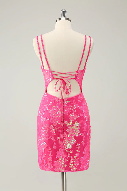 Amzcw Gorgeous Hot Pink Bodycon Spaghetti Straps Glittler Homecoming Dress with Lace Up Back