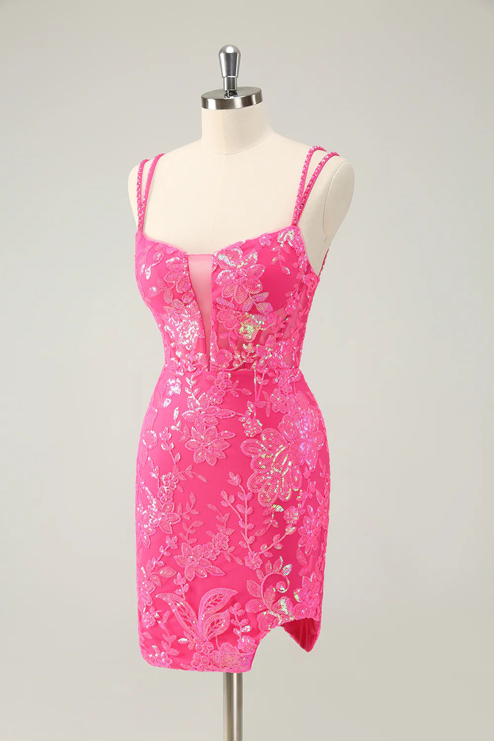 Amzcw Gorgeous Hot Pink Bodycon Spaghetti Straps Glittler Homecoming Dress with Lace Up Back