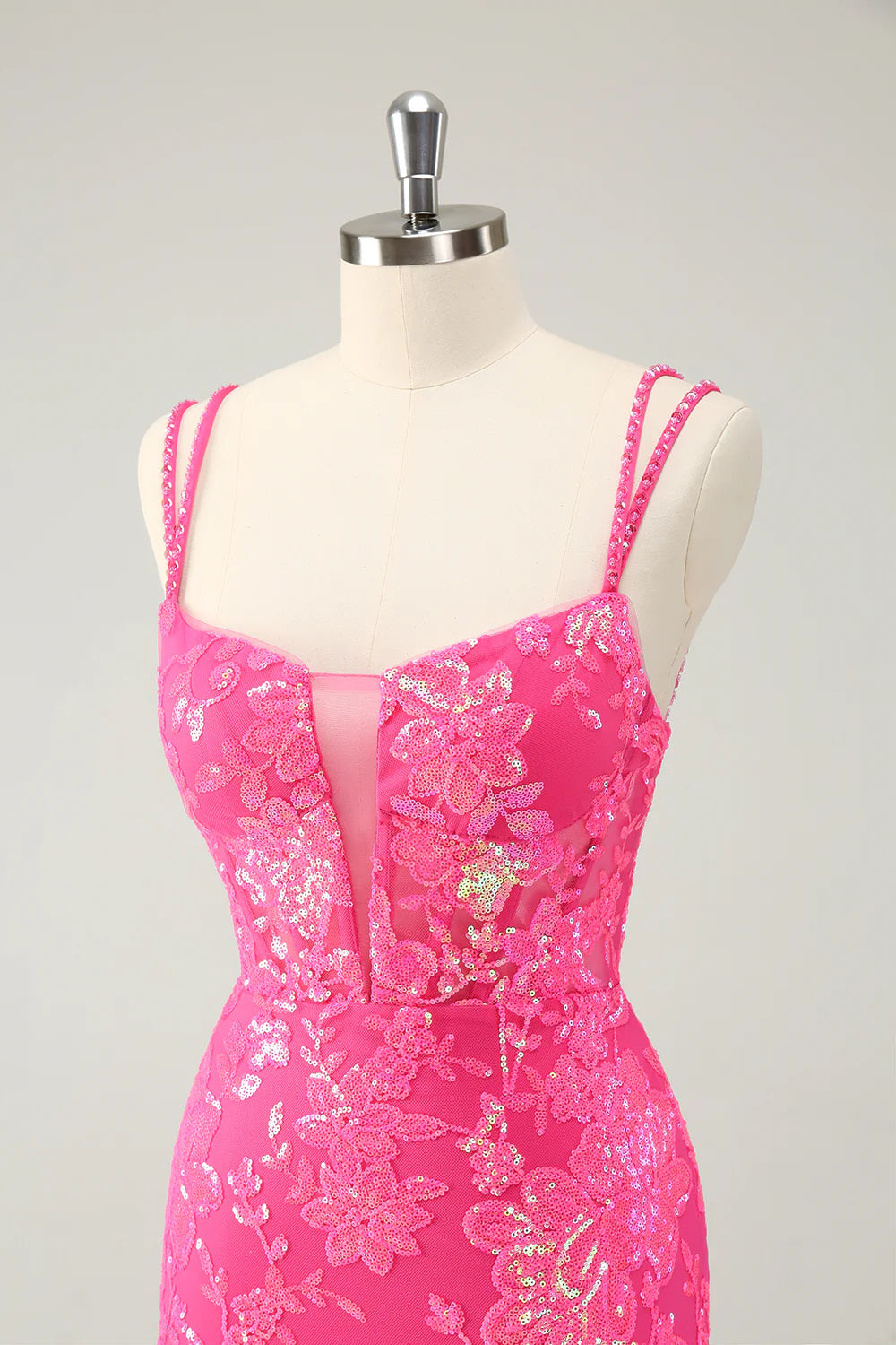 Amzcw Gorgeous Hot Pink Bodycon Spaghetti Straps Glittler Homecoming Dress with Lace Up Back