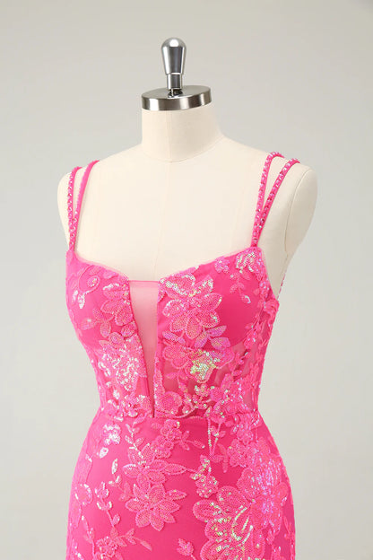 Amzcw Gorgeous Hot Pink Bodycon Spaghetti Straps Glittler Homecoming Dress with Lace Up Back