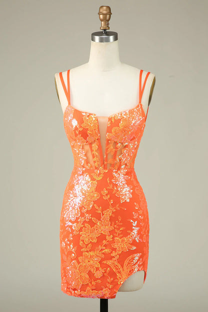 Amzcw Gorgeous Orange Spaghetti Straps Tight Glittler Corset Homecoming Dress with Lace Up Back