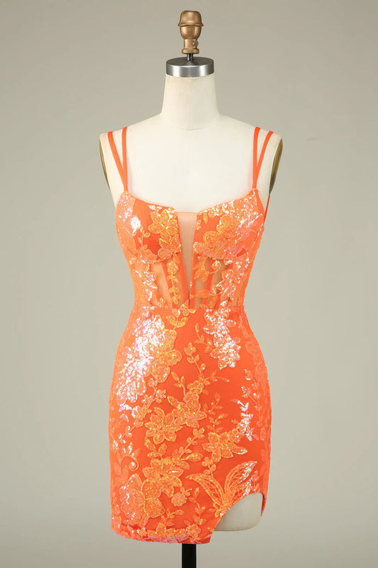 Amzcw Gorgeous Orange Spaghetti Straps Tight Glittler Corset Homecoming Dress with Lace Up Back