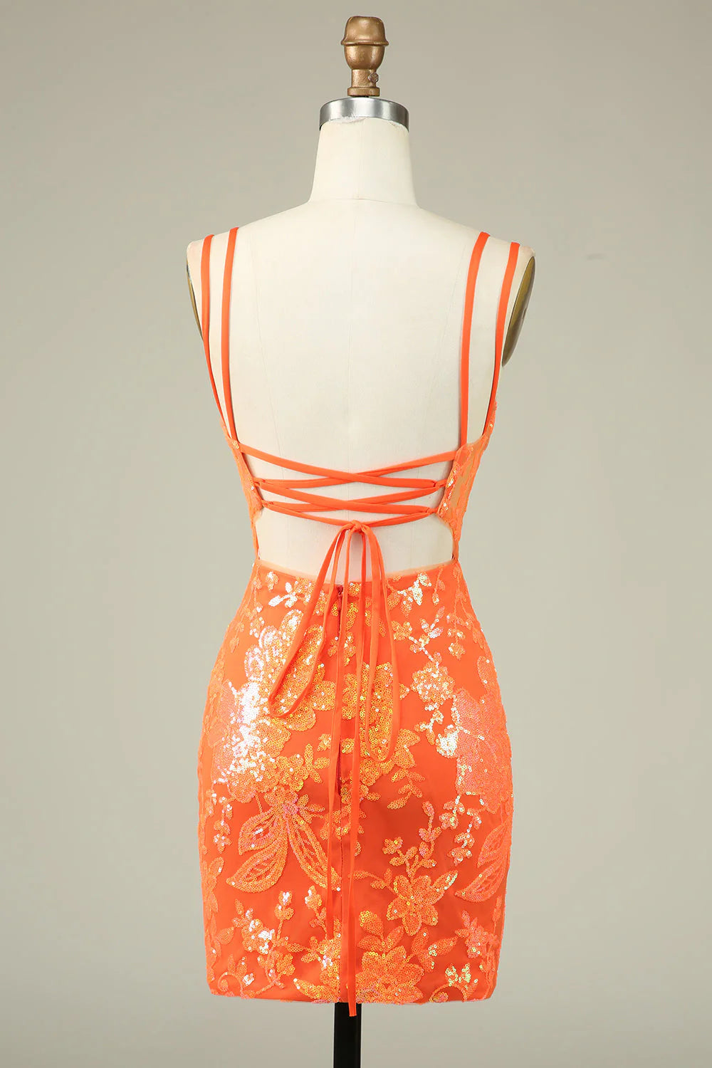 Amzcw Gorgeous Orange Spaghetti Straps Tight Glittler Corset Homecoming Dress with Lace Up Back