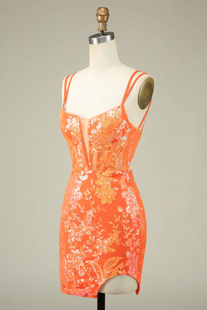 Amzcw Gorgeous Orange Spaghetti Straps Tight Glittler Corset Homecoming Dress with Lace Up Back