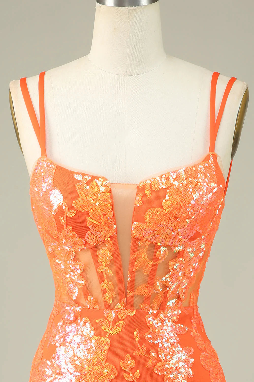 Amzcw Gorgeous Orange Spaghetti Straps Tight Glittler Corset Homecoming Dress with Lace Up Back