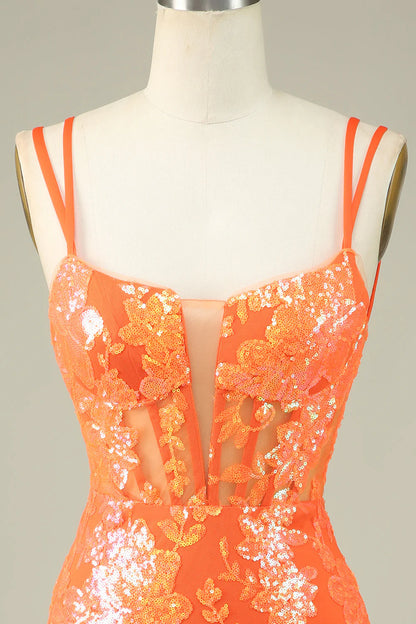 Amzcw Gorgeous Orange Spaghetti Straps Tight Glittler Corset Homecoming Dress with Lace Up Back