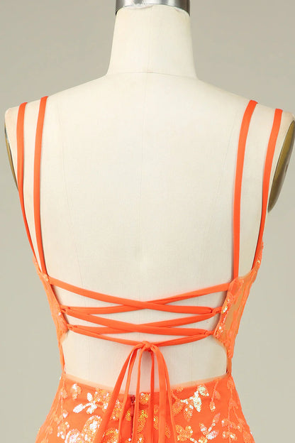 Amzcw Gorgeous Orange Spaghetti Straps Tight Glittler Corset Homecoming Dress with Lace Up Back