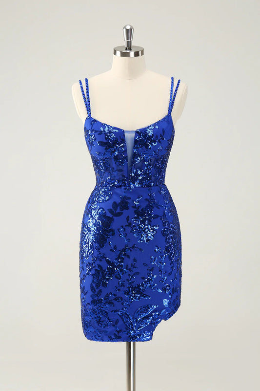 Amzcw Glittler Royal Blue Spaghetti Straps Lace Up Short Homecoming Dress with Slit