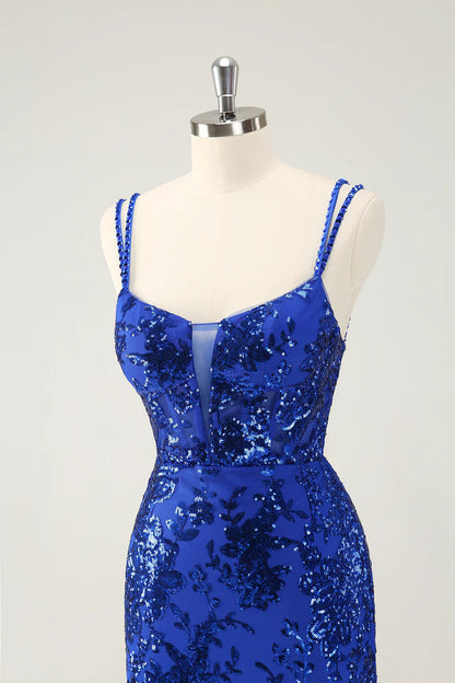 Amzcw Glittler Royal Blue Spaghetti Straps Lace Up Short Homecoming Dress with Slit