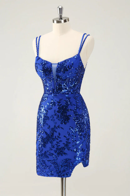 Amzcw Glittler Royal Blue Spaghetti Straps Lace Up Short Homecoming Dress with Slit