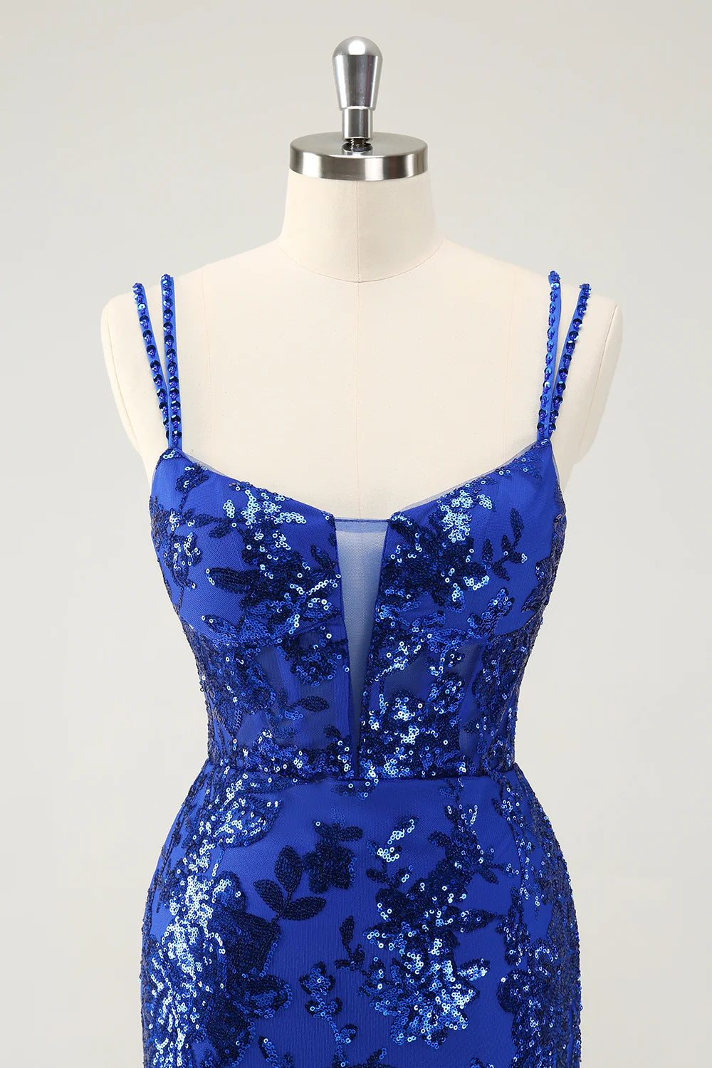 Amzcw Glittler Royal Blue Spaghetti Straps Lace Up Short Homecoming Dress with Slit