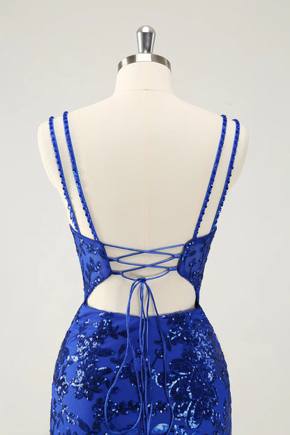 Amzcw Glittler Royal Blue Spaghetti Straps Lace Up Short Homecoming Dress with Slit