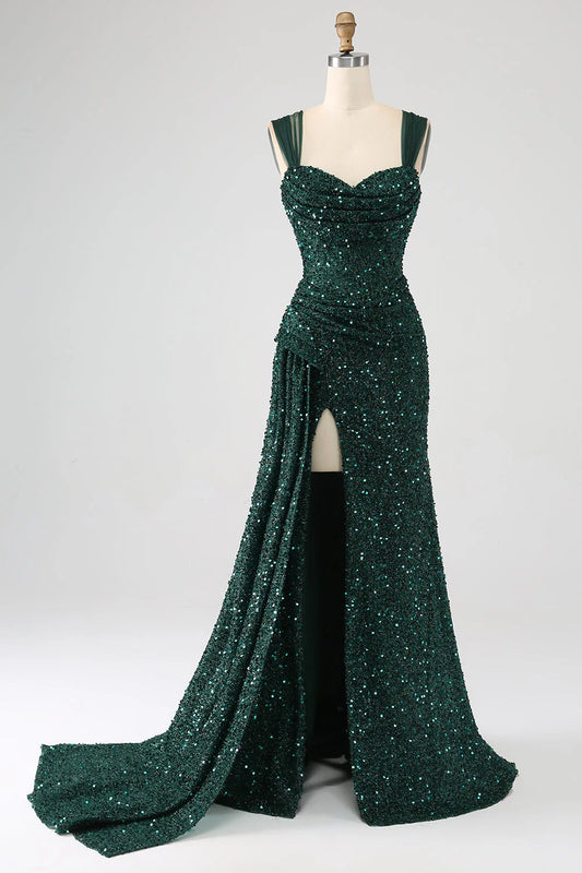 Amzcw Sparkly Dark Green Sheath Sequin Pleated Long Prom Dress With Thigh Split long prom dresses with sleeves