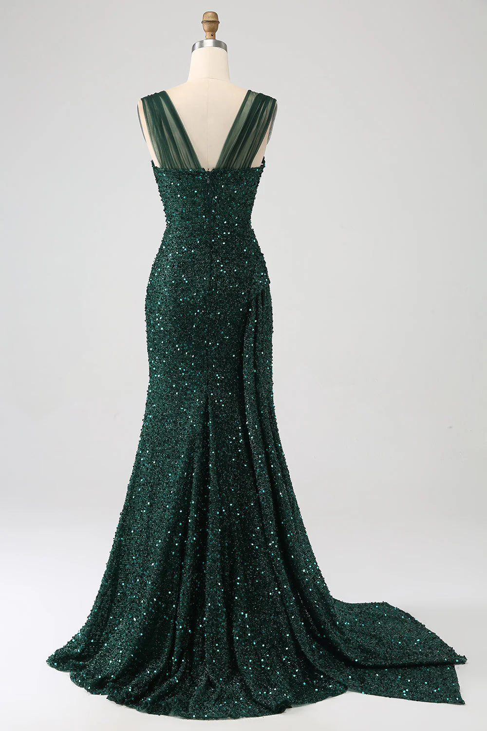 Amzcw Sparkly Dark Green Sheath Sequin Pleated Long Prom Dress With Thigh Split long prom dresses with sleeves