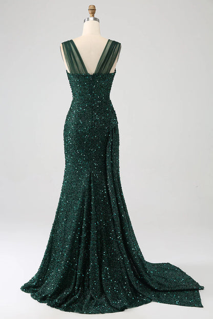 Amzcw Sparkly Dark Green Sheath Sequin Pleated Long Prom Dress With Thigh Split long prom dresses with sleeves