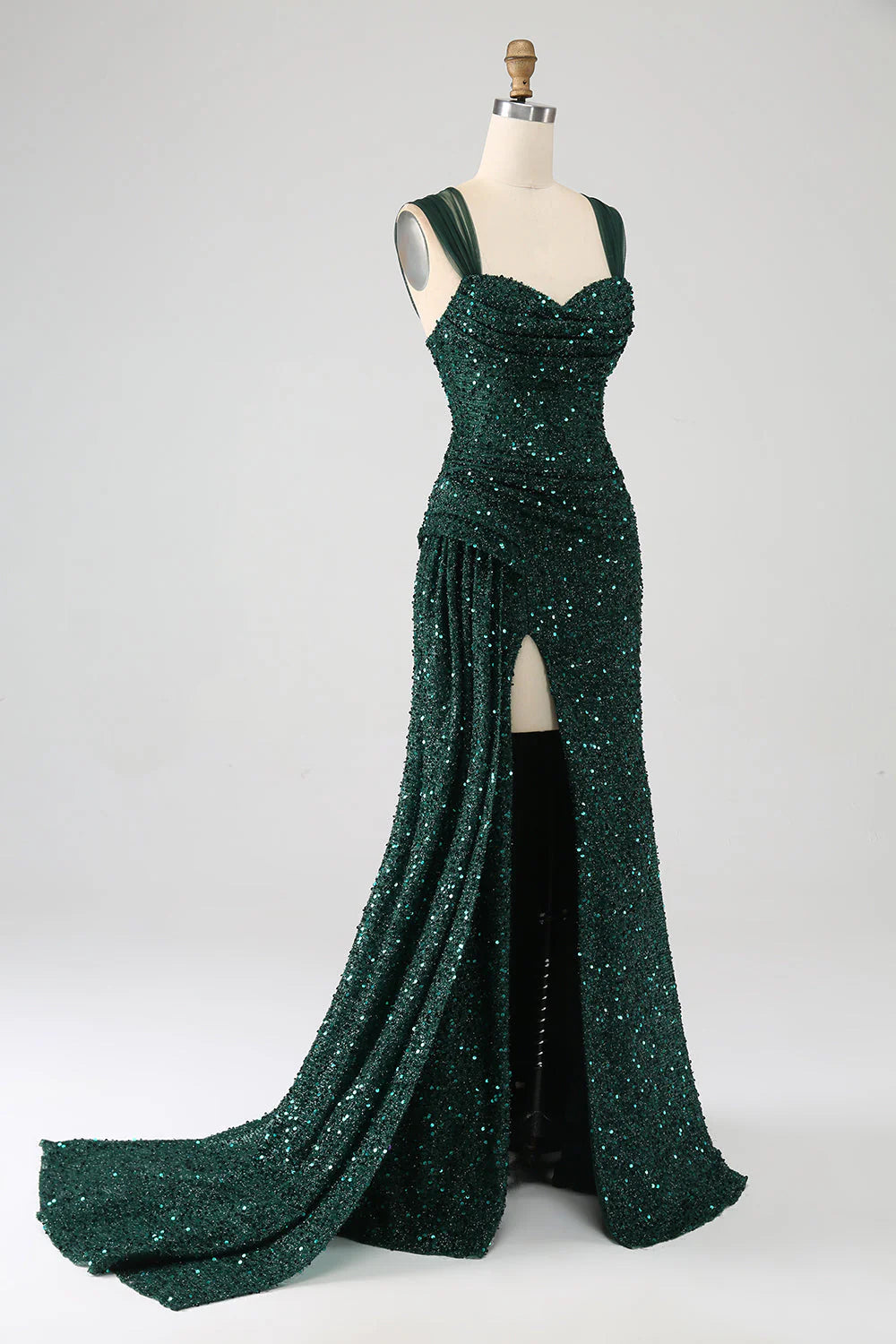 Amzcw Sparkly Dark Green Sheath Sequin Pleated Long Prom Dress With Thigh Split long prom dresses with sleeves