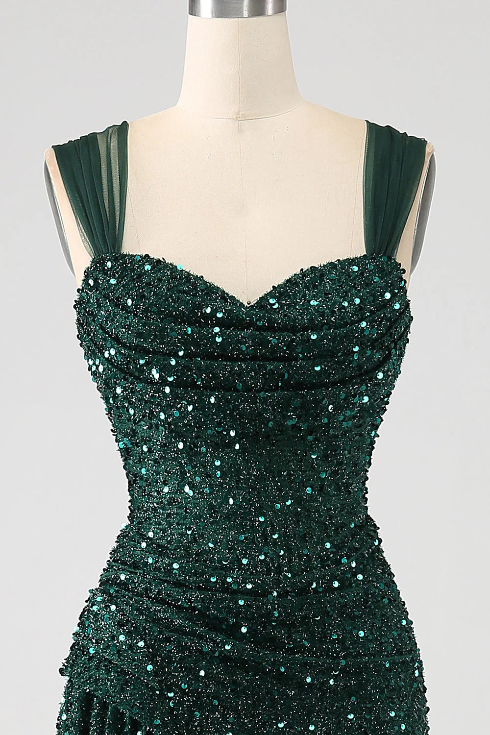 Amzcw Sparkly Dark Green Sheath Sequin Pleated Long Prom Dress With Thigh Split long prom dresses with sleeves
