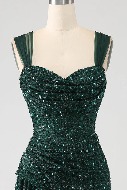 Amzcw Sparkly Dark Green Sheath Sequin Pleated Long Prom Dress With Thigh Split long prom dresses with sleeves
