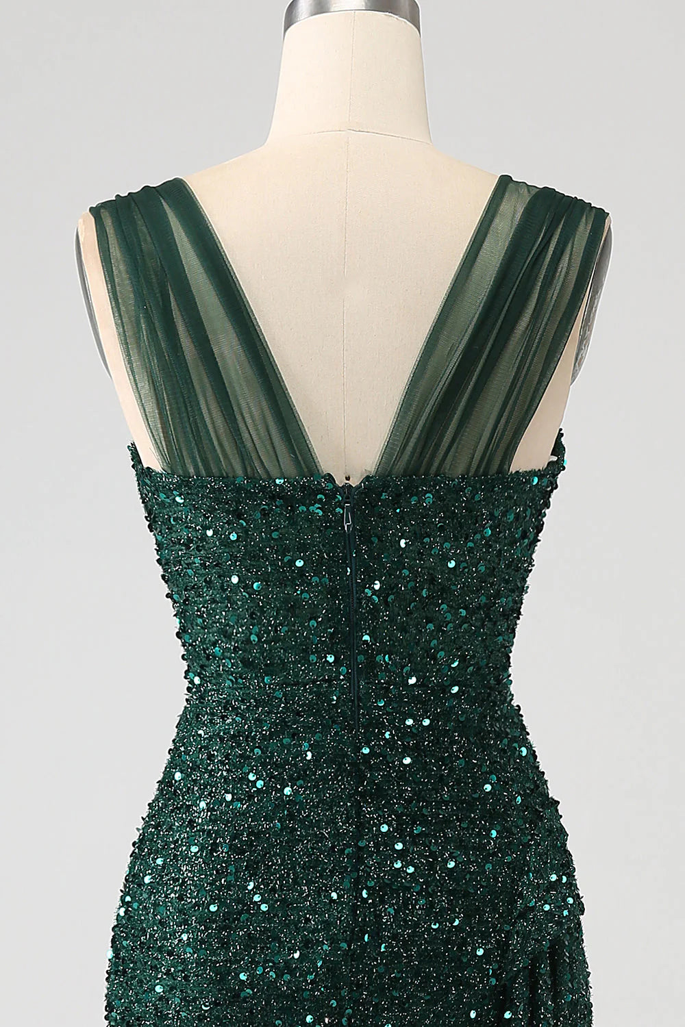 Amzcw Sparkly Dark Green Sheath Sequin Pleated Long Prom Dress With Thigh Split long prom dresses with sleeves