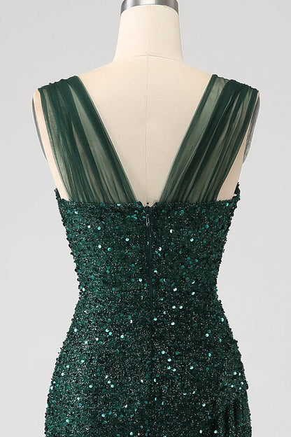Amzcw Sparkly Dark Green Sheath Sequin Pleated Long Prom Dress With Thigh Split long prom dresses with sleeves