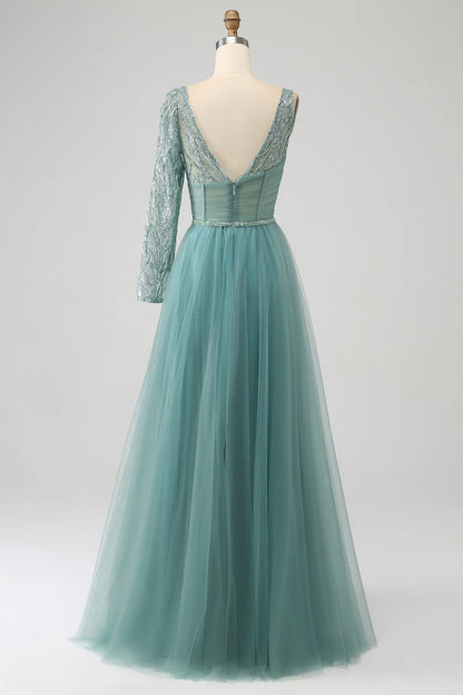 Amzcw Grey Green A-Line Sparkly Sequin Long Corset Prom Dress prom dresses shops