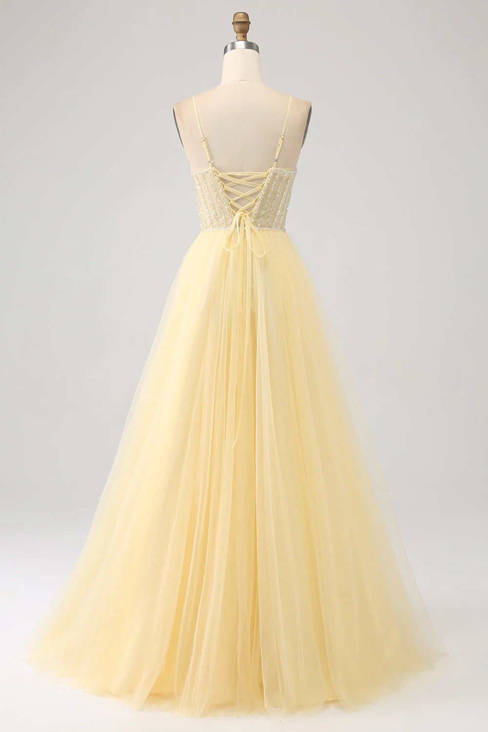 Amzcw Light Yellow A-Line Spaghetti Straps Beaded Tulle Prom Dress with Slit prom dresses shops