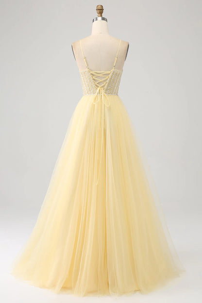 Amzcw Light Yellow A-Line Spaghetti Straps Beaded Tulle Prom Dress with Slit prom dresses shops
