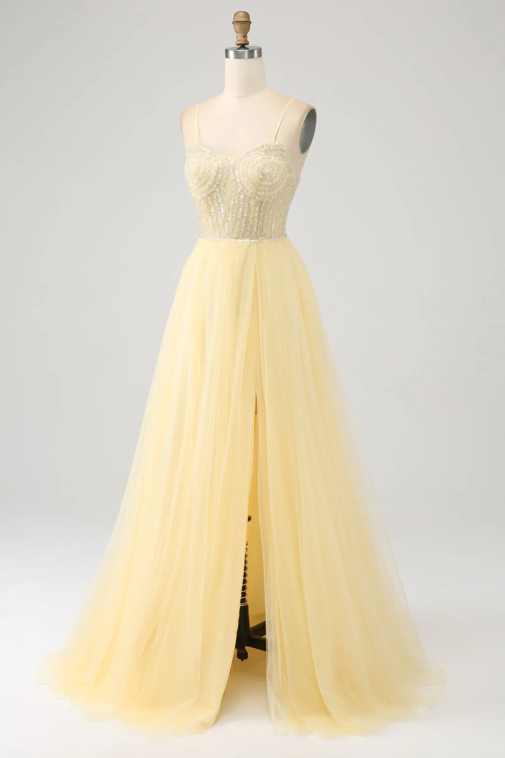Amzcw Light Yellow A-Line Spaghetti Straps Beaded Tulle Prom Dress with Slit prom dresses shops