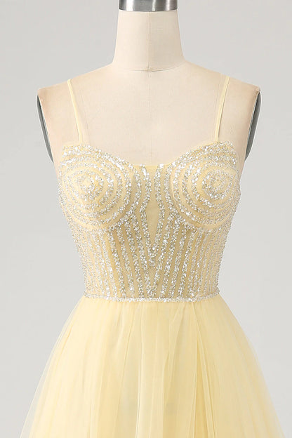 Amzcw Light Yellow A-Line Spaghetti Straps Beaded Tulle Prom Dress with Slit prom dresses shops