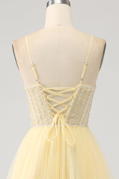 Amzcw Light Yellow A-Line Spaghetti Straps Beaded Tulle Prom Dress with Slit prom dresses shops